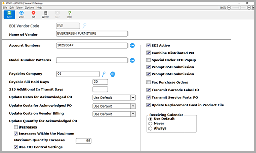 STORIS Vendor EDI Screen