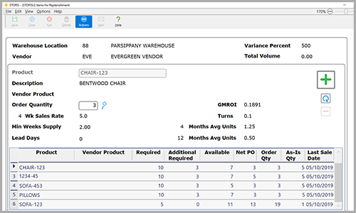 STORIS Inventory Replenishment Screen