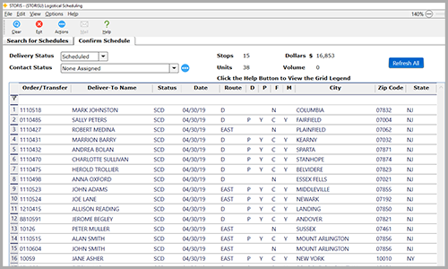 Logistical Scheduling Screen