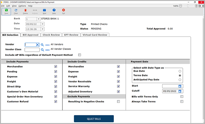 STORIS Select and Approve Bills for Payment Screen