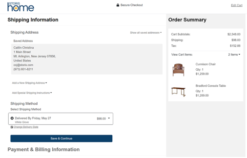Checkout Screen on eSTORIS Website