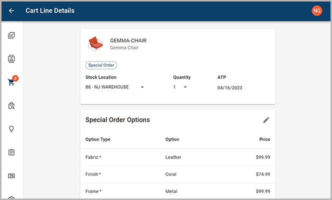 STORIS NextGen Special Order Cart Line Details