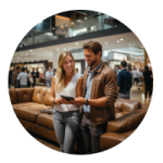 People looking at a Mobile POS in a furniture showroom.