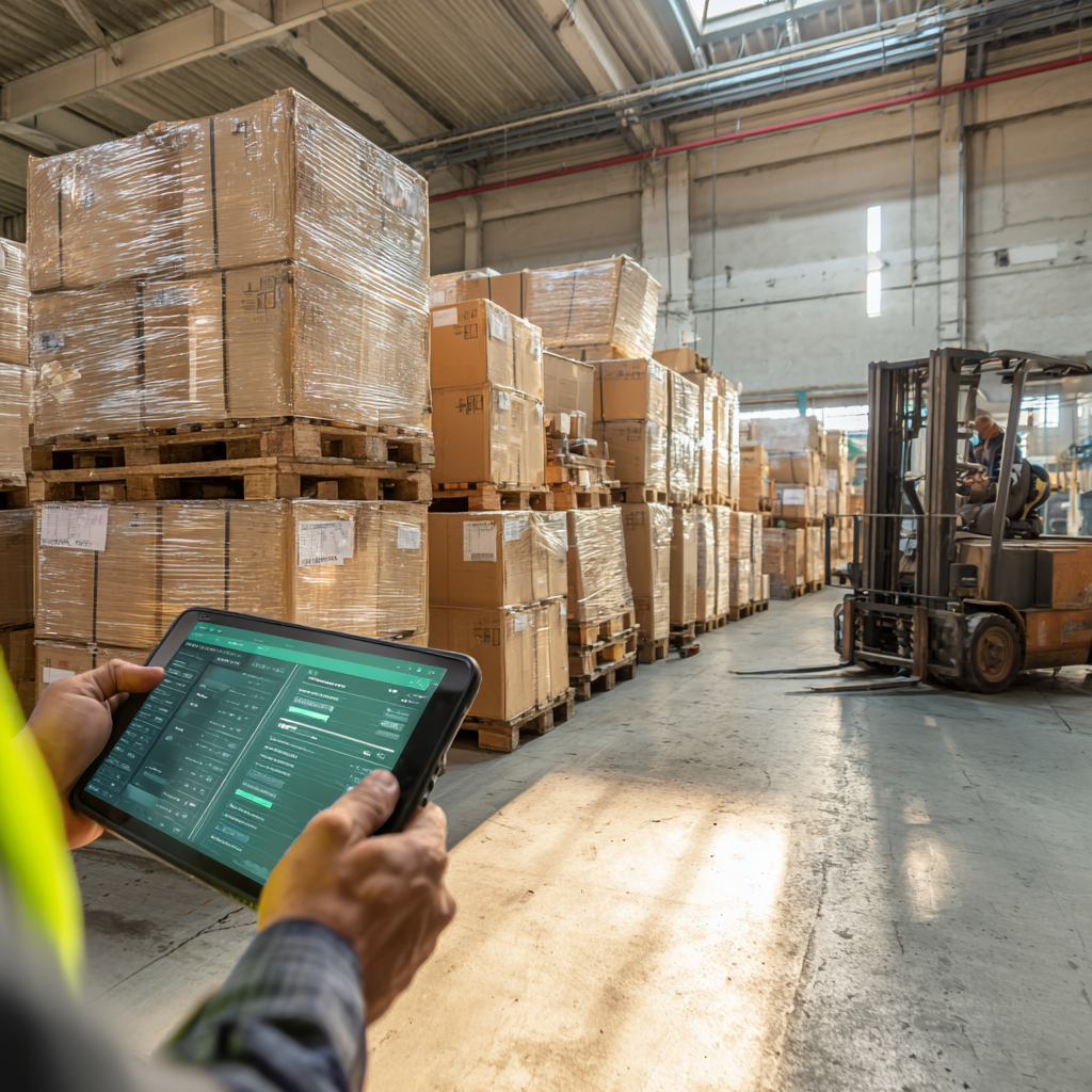 Worker scans furniture carton barcode at warehouse dock near tablet, depicting accurate purchase orders—zero purchase order mistakes