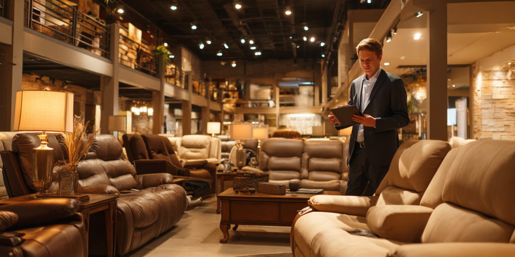 Furniture buyer reviews purchase order paperwork in a classic mid-market showroom, highlighting purchase order management.