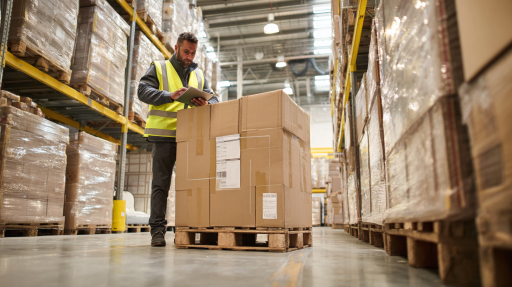 Mid-market warehouse with pallets of furniture cartons; worker scans shipment to improve purchase order management accuracy.