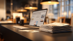 Furniture buyer reviews purchase orders with tariff headlines in background, showing impact on vendor lead times and purchase order management.
