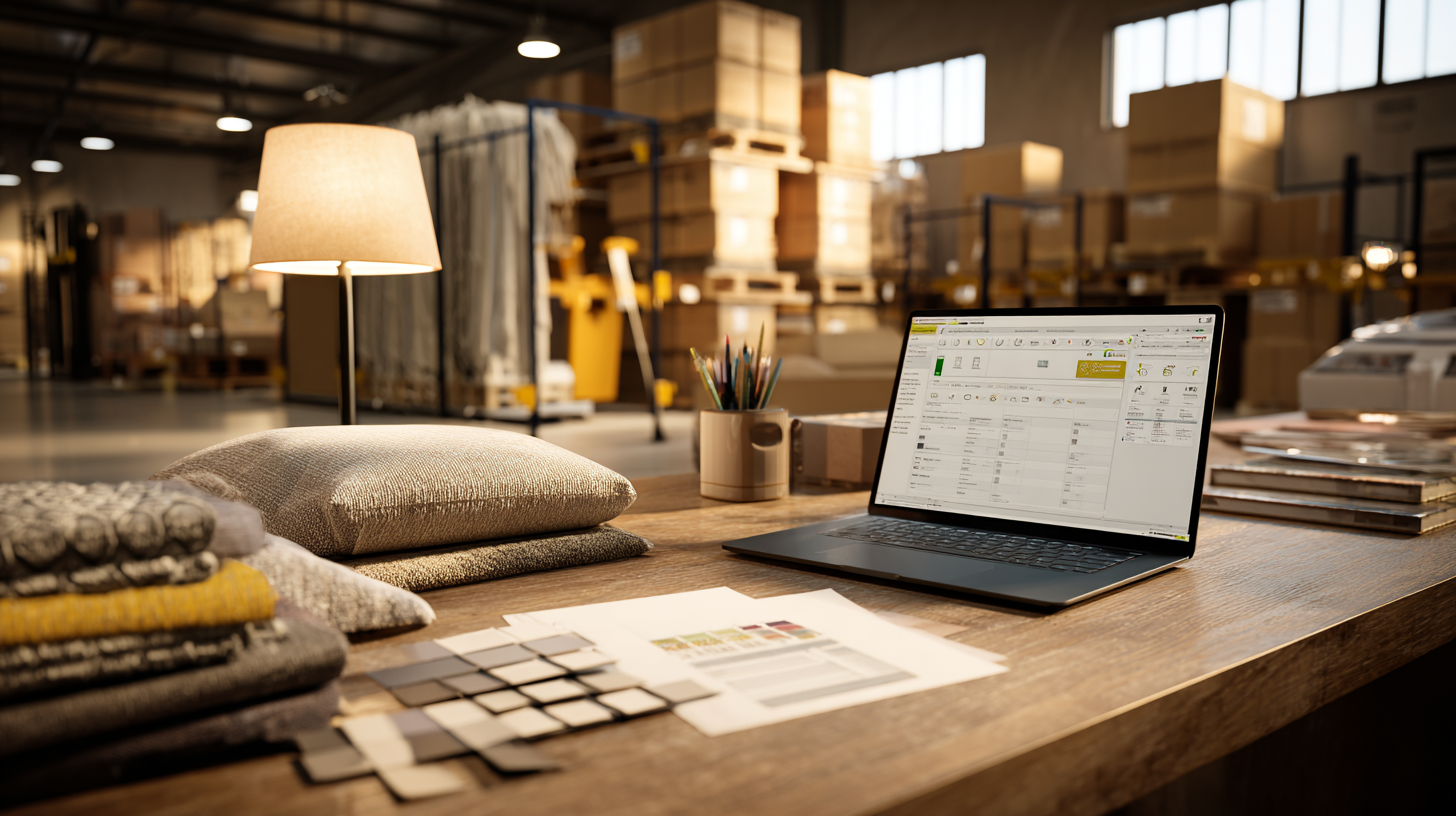 Purchase order management in furniture retail: buyer reviews PO paperwork in office while worker scans cartons in warehouse.