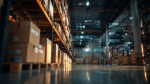 High-tech warehouse with pallets, shelving, and holographic data overlays representing duty-aware inventory control and landed-cost visibility.