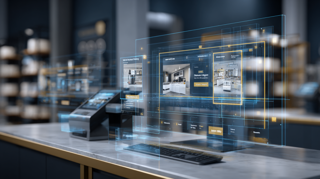 POS workstation and eCommerce interface displayed together with holographic screens, illustrating unified commerce and synchronized pricing for furniture and appliance retailers.