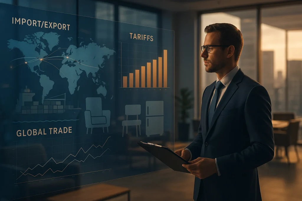 Financial executive reviewing digital tariff dashboards with cargo ships and furniture industry data overlays, symbolizing accounting and finance strategies in the 2025 tariff economy.