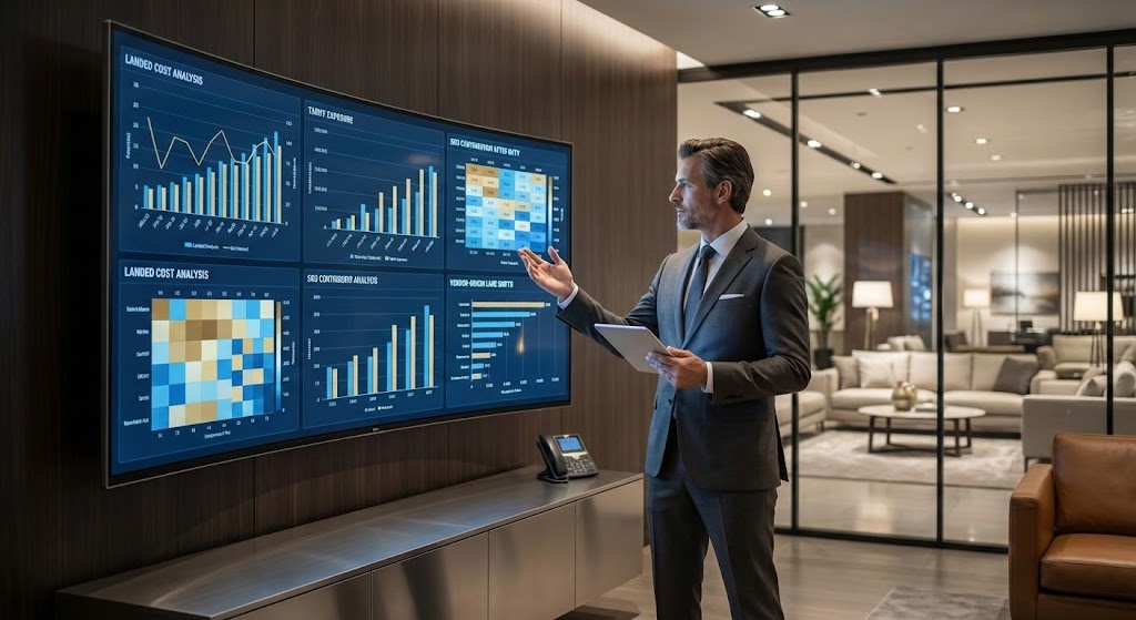 Business executive analyzing real-time furniture retail BI dashboards showing landed cost, tariff exposure, SKU contribution, and vendor lane shifts in a modern office.