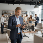 warehouse manager looking at his tablet in the furniture showroom