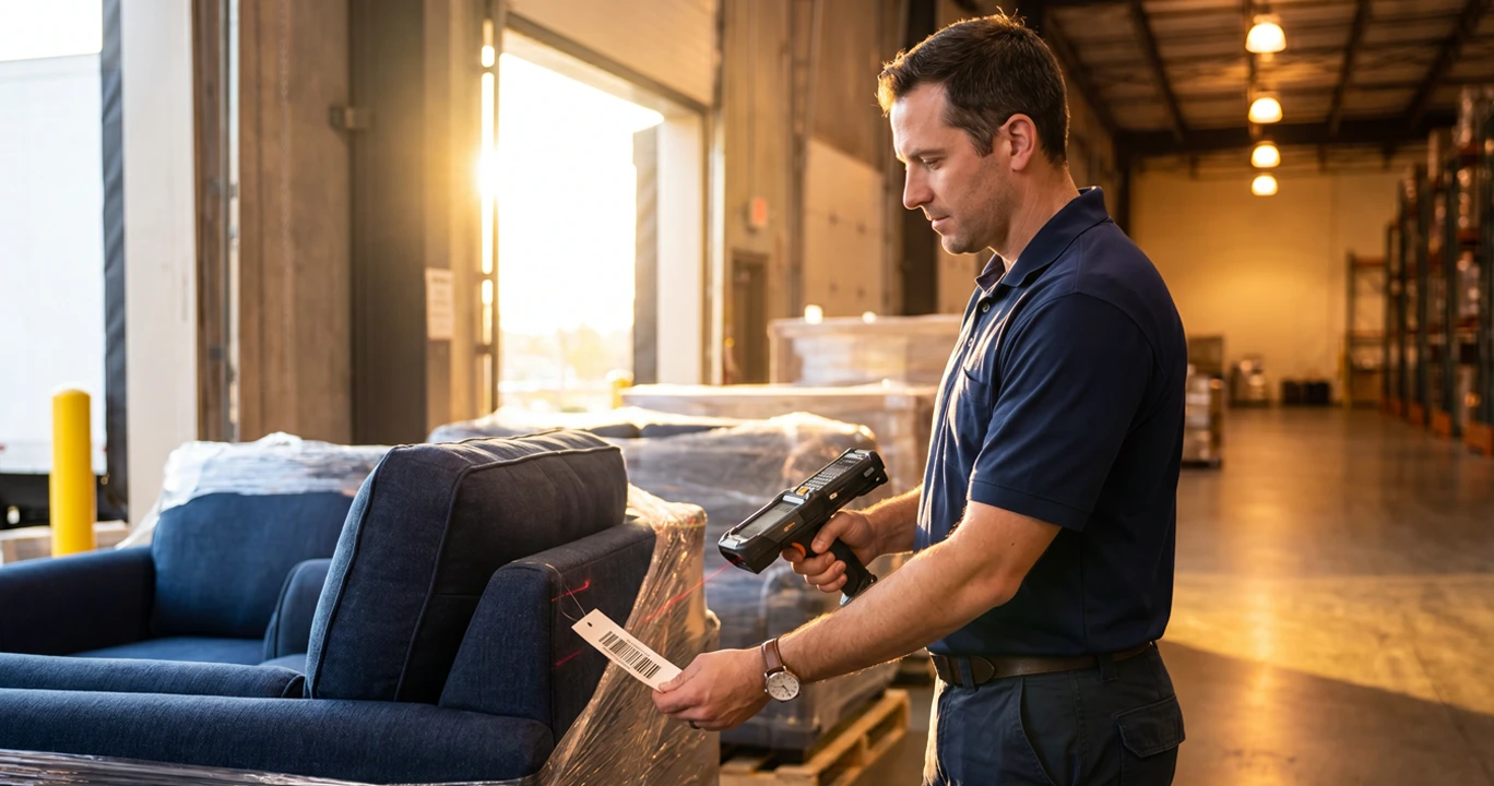 Piece-level scanning ties every physical furniture unit to its purchase order at the moment of receiving in the STORIS warehouse workflow.