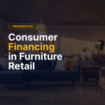 Alt Text Darkened furniture showroom with a navy sofa and warm ambient lighting, representing consumer financing in furniture retail.