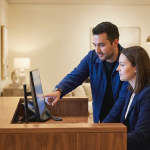 Two retail associates reviewing home furnishings POS software on a showroom sales counter