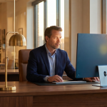 Retail owner reviewing home furnishings ERP software at a desk overlooking the showroom