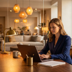 Retail professional using home furnishings retail software on a laptop in a modern furniture showroom