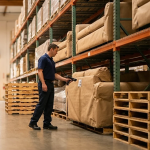 Warehouse associate using a handheld scanner for piece-level inventory tracking of furniture and mattresses on pallet racking